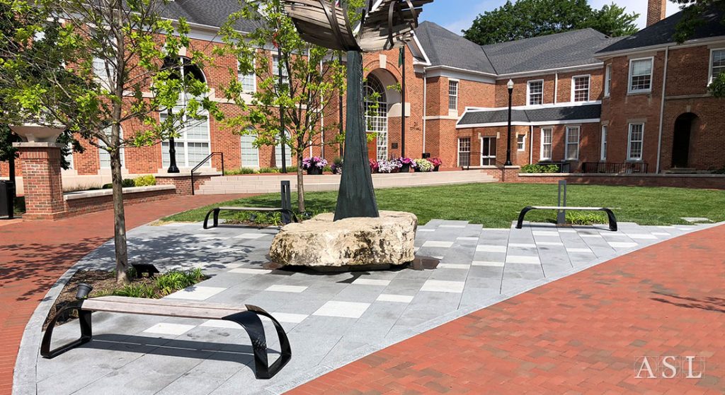 The Westerville City Hall Civic Green project transformed the center of Uptown, creating enjoyable green space with lit seating walls and granite walkways.